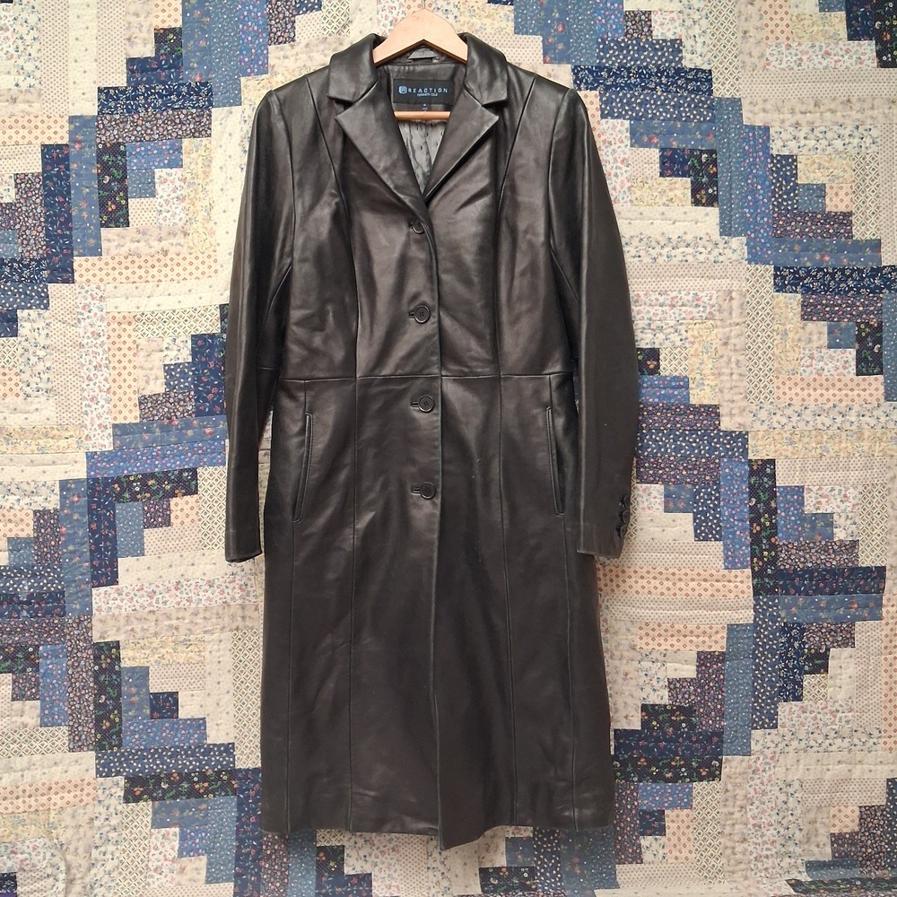 Y2K Vintage Kenneth Cole Reaction Black Leather Trench Coat Womens Medium Long